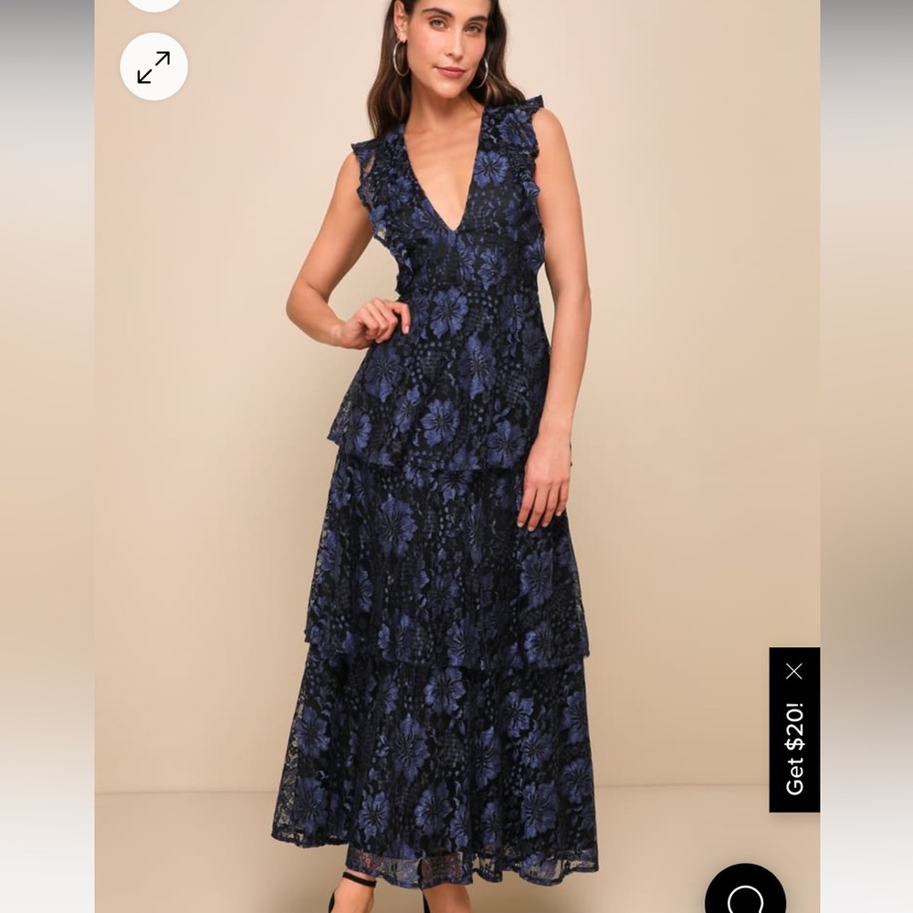 Molinetto Navy Blue Lace Ruffled Tiered Sleeveless Maxi Dress- Size Large, Blue